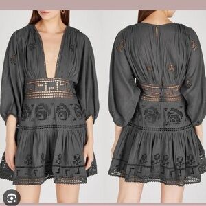 Free People Tea Time Embroidered Mini Dress charcoal gray color